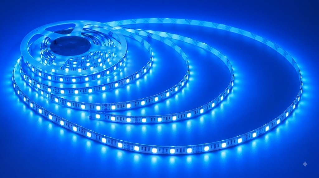 Blue LED strip light on a reel